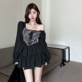 Romantic Dark Dyeing Pleated Long Sleeve Dress for Women Autumn Smoky Rose Puff Skirt