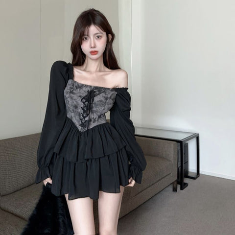 Romantic Dark Dyeing Pleated Long Sleeve Dress for Women Autumn Smoky Rose Puff Skirt