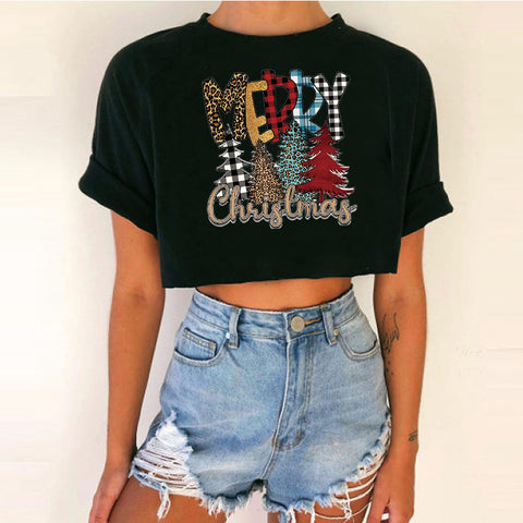 Women's Short Top Christmas Crop Top INS Style Spicy Girl Basic Short Sleeve Round Neck T-Shirt