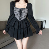 Romantic Dark Dyeing Pleated Long Sleeve Dress for Women Autumn Smoky Rose Puff Skirt