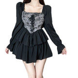 Romantic Dark Dyeing Pleated Long Sleeve Dress for Women Autumn Smoky Rose Puff Skirt