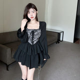 Romantic Dark Dyeing Pleated Long Sleeve Dress for Women Autumn Smoky Rose Puff Skirt