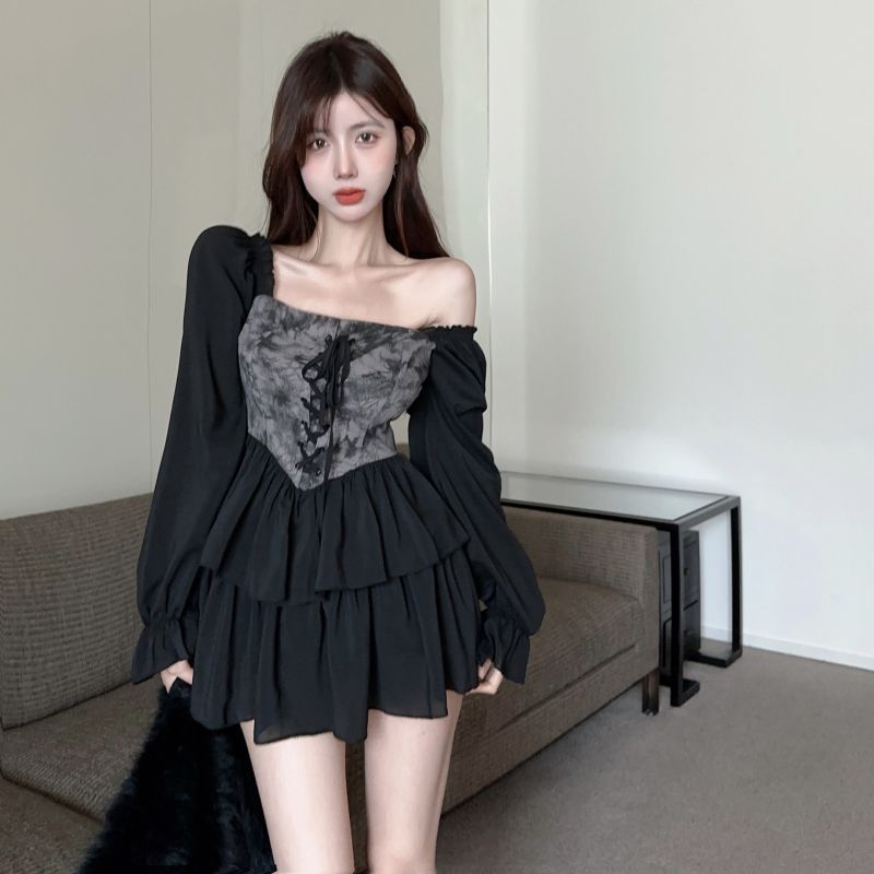 Romantic Dark Dyeing Pleated Long Sleeve Dress for Women Autumn Smoky Rose Puff Skirt