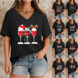 Women's Top V-neck Short Sleeve Pure Color Ladies' Christmas V-neck T-shirt