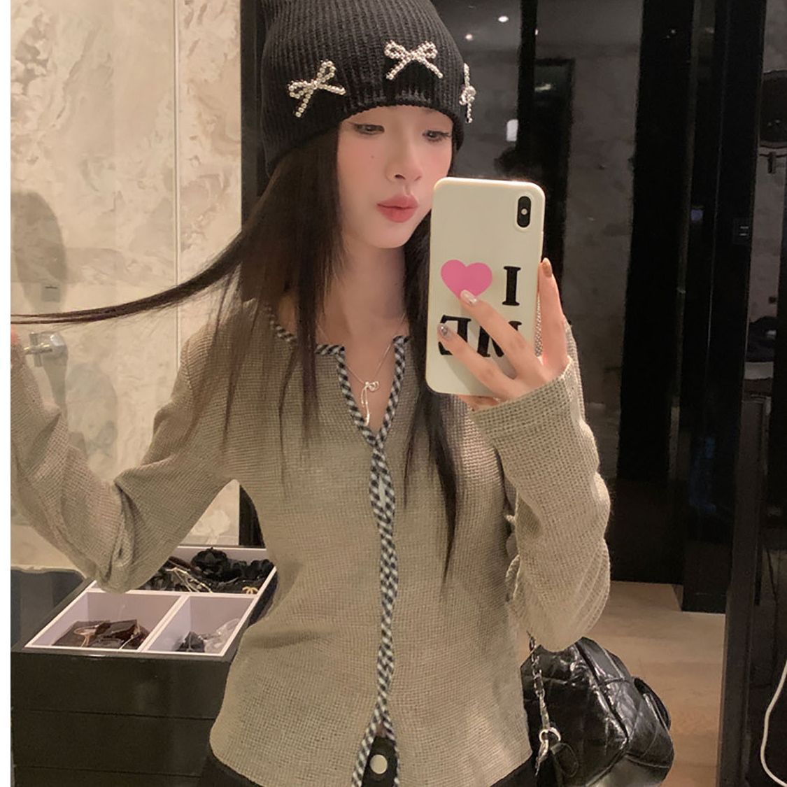 Sexy Design Color-block Checkered Knotted Long Sleeve V-neck Top for Women