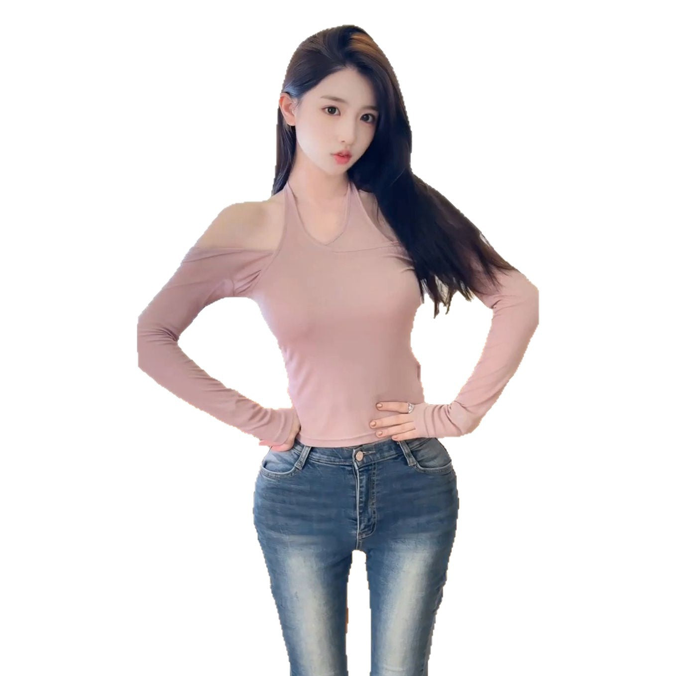 Style Pink Off-Shoulder Long Sleeve Knit Top for Women, Sweet & Sexy Look, Casual Layering Shirt