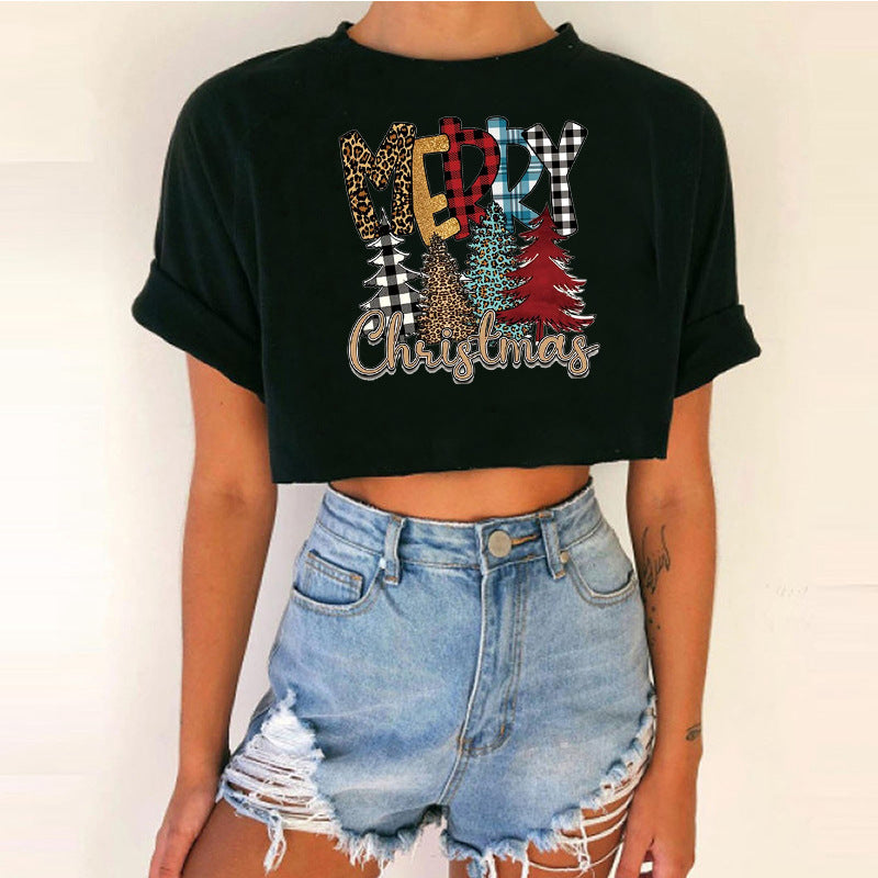 Women's Short Top Christmas Crop Top INS Style Spicy Girl Basic Short Sleeve Round Neck T-Shirt