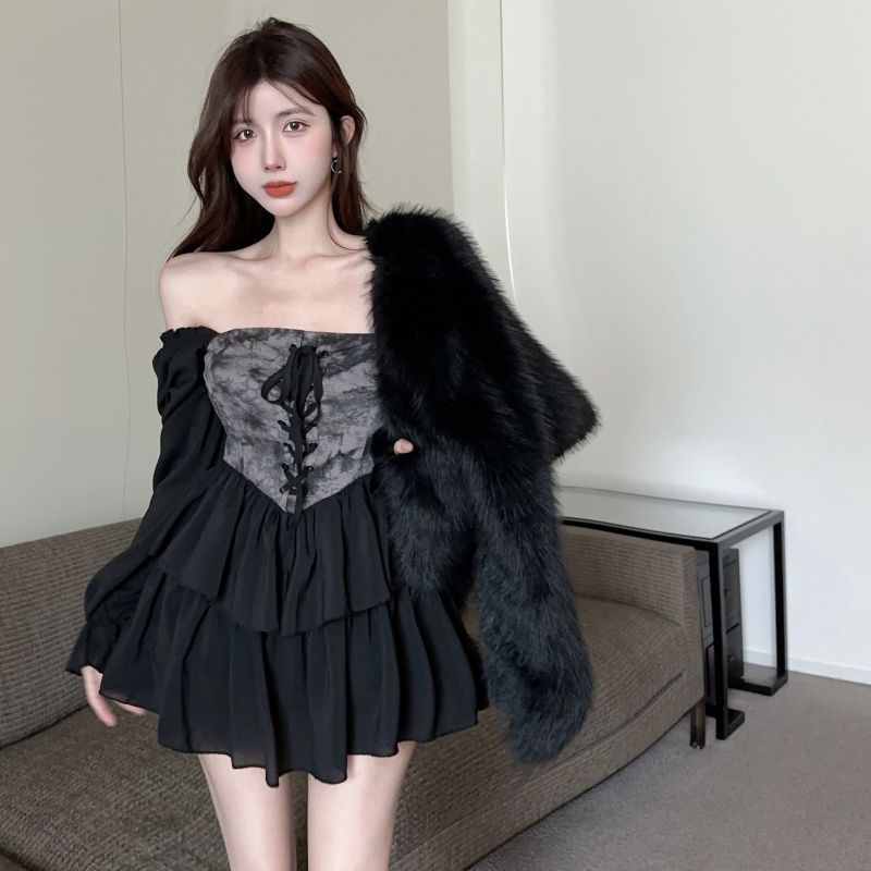 Romantic Dark Dyeing Pleated Long Sleeve Dress for Women Autumn Smoky Rose Puff Skirt