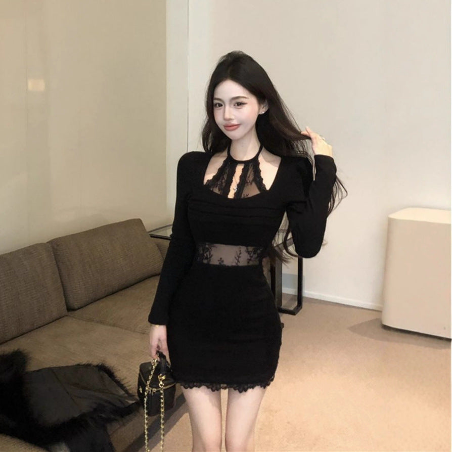 Pure & Sexy Style Lace Spliced Fitted Long Sleeve Bodycon Dress