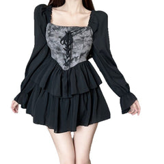 Romantic Dark Dyeing Pleated Long Sleeve Dress for Women Autumn Smoky Rose Puff Skirt