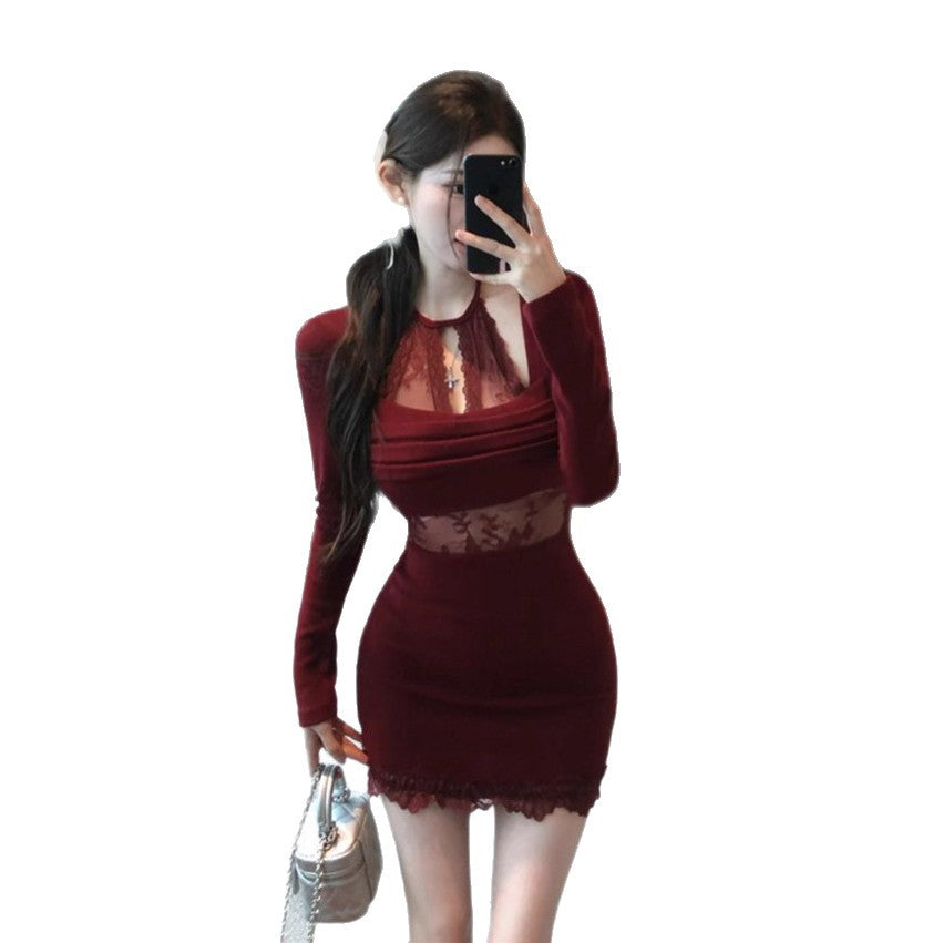 Pure & Sexy Style Lace Spliced Fitted Long Sleeve Bodycon Dress