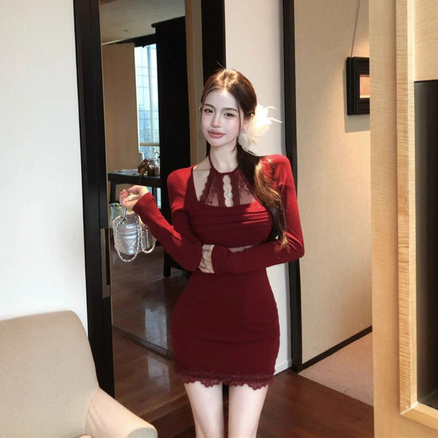 Pure & Sexy Style Lace Spliced Fitted Long Sleeve Bodycon Dress